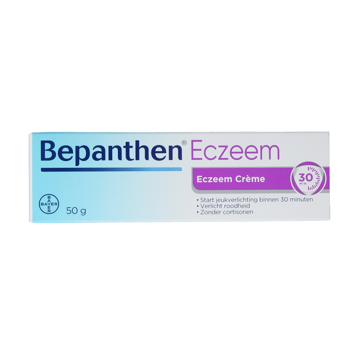 Bepanthen Eczeem creme 50g tube, soothing body care for eczema-prone skin, with a white and blue packaging design.