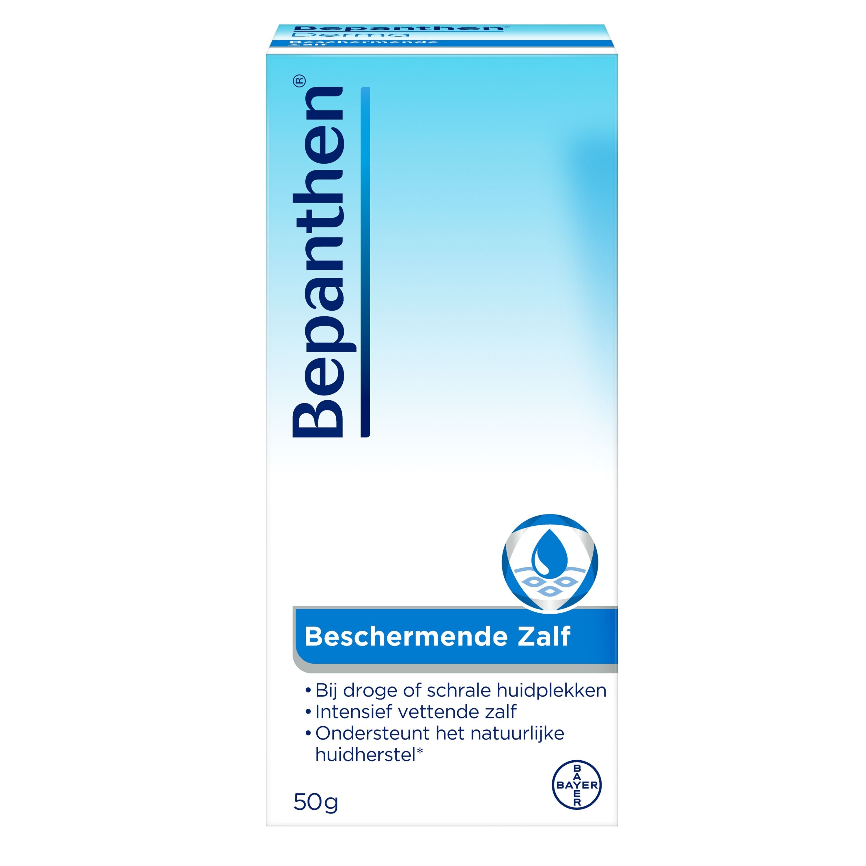 Bepanthen Zalf beschermende lichaamsverzorging in 50g tube, showing the white and blue packaging with product label.