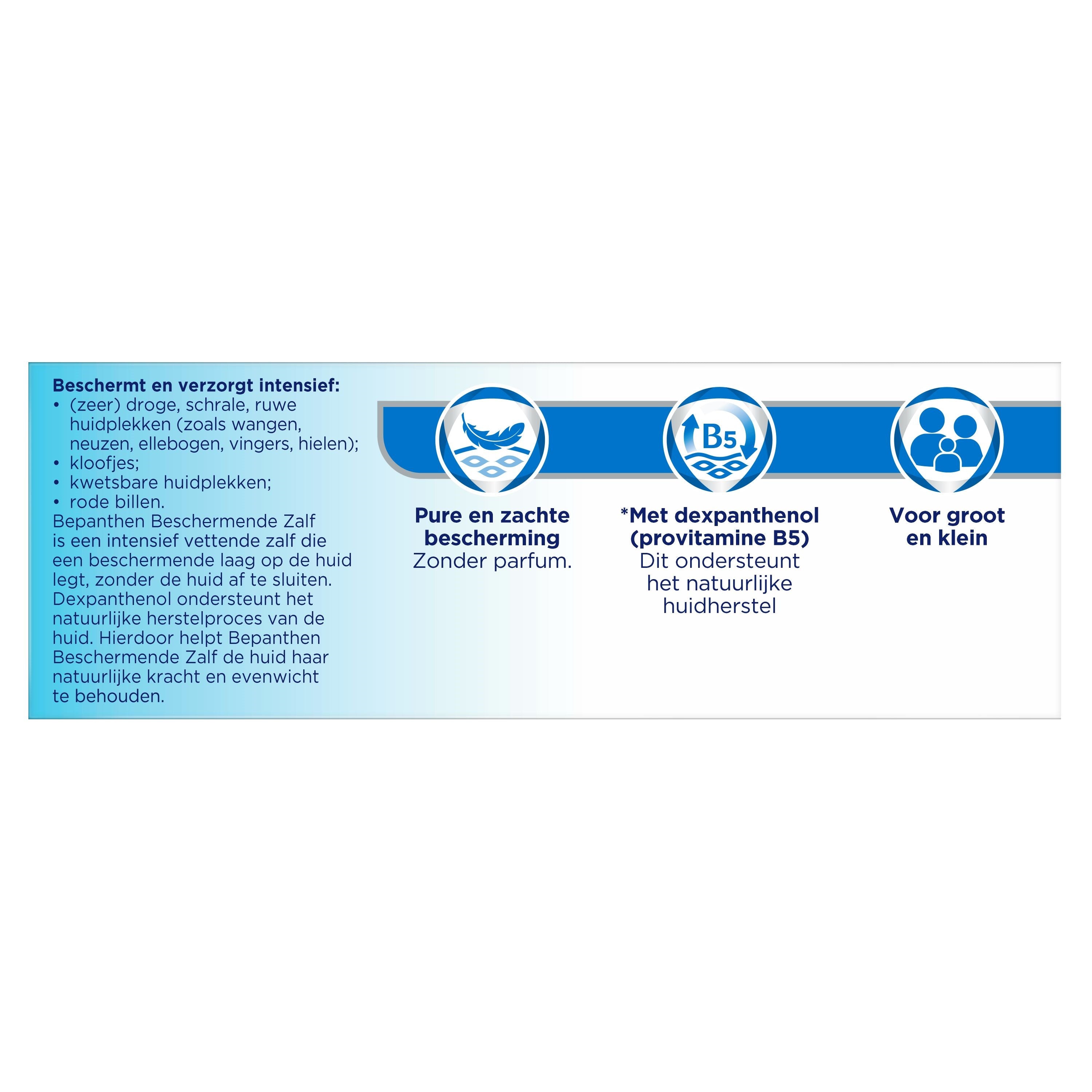 Bepanthen Zalf beschermende lichaamsverzorging tube, 50g, with a white and blue design, suitable for skin protection and repair.