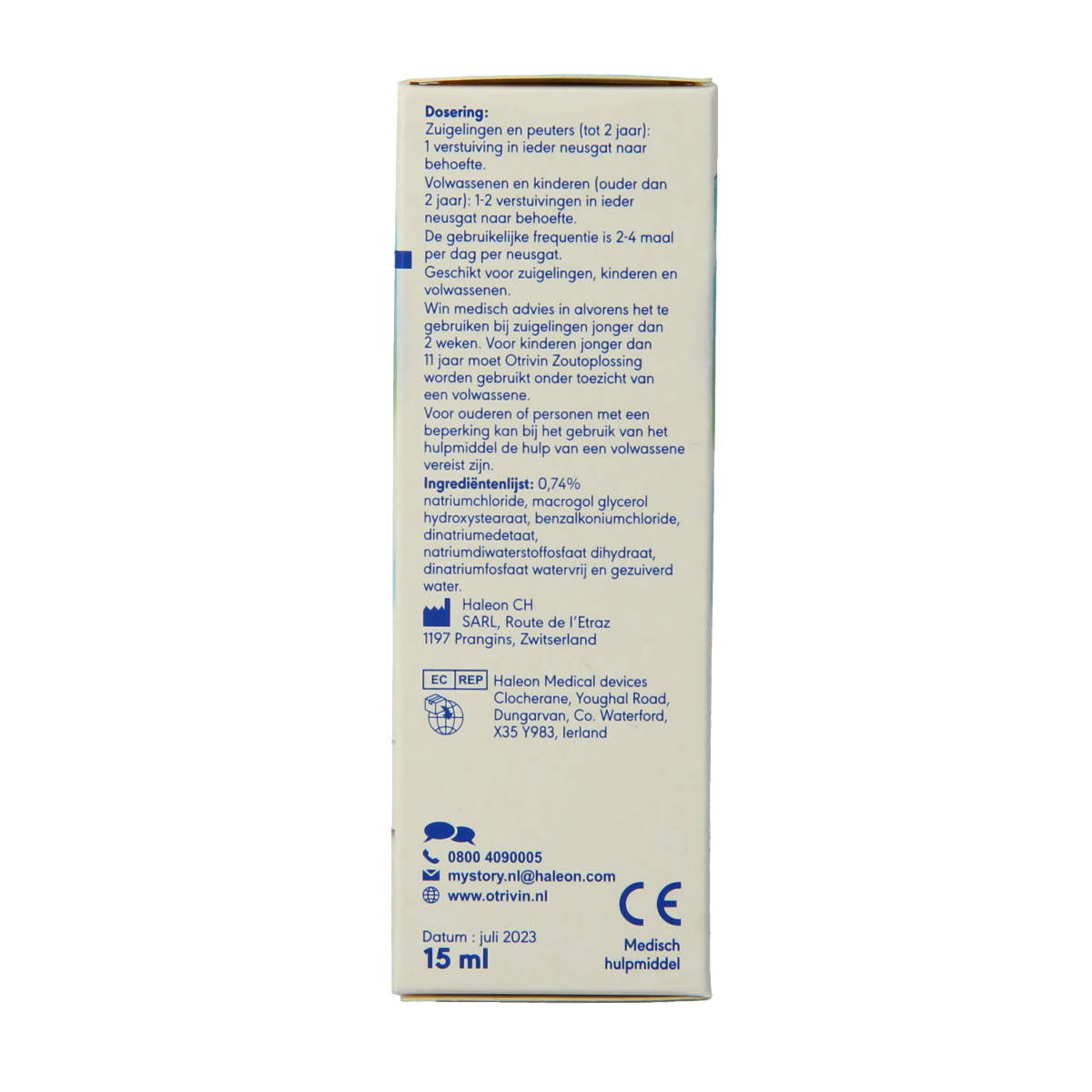 Otrivin Zoutoplossing neusspray 15 ml bottle, nasal care and inhalation product with a white spray nozzle.