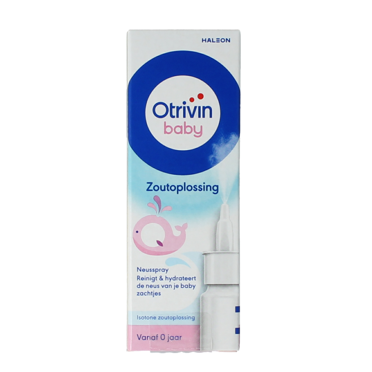 Otrivin Baby nasal spray bottle with 15ml of saline solution for nasal care and inhalation for infants.