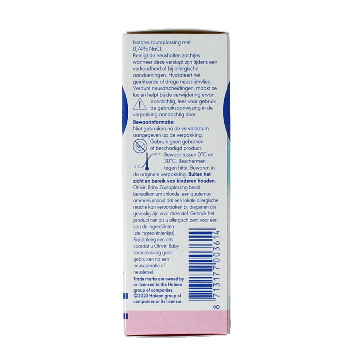 Otrivin Baby zoutoplossing spray for nasal care, 15 ml, gentle saline solution for infants' nasal congestion relief.