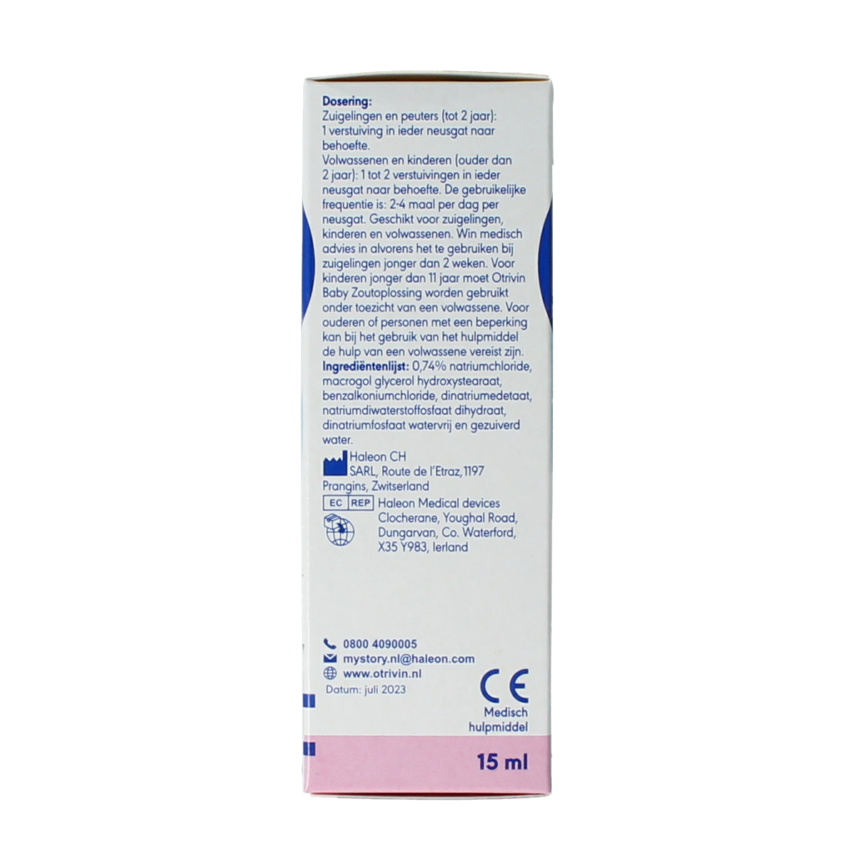 Otrivin Baby zoutoplossing spray for nasal care, 15ml, gentle saline solution for infants' nasal hygiene.