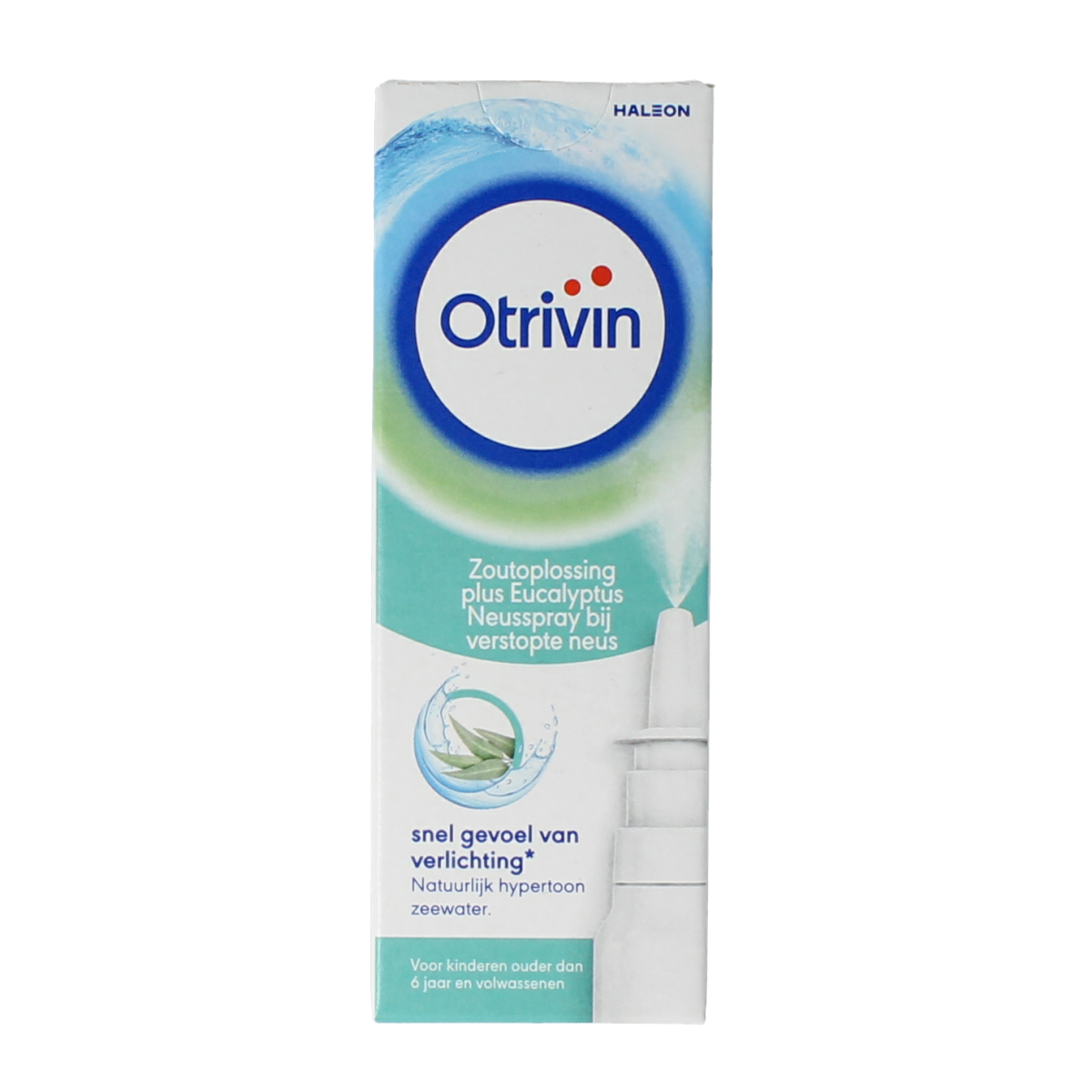 Otrivin Plus eucalyptus nasal spray bottle for nasal care and inhalation, 20ml, with a white and blue packaging design.