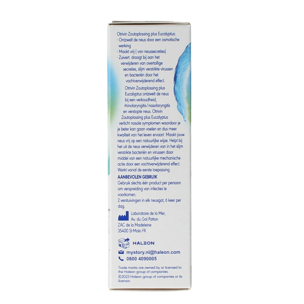 Otrivin Plus eucalyptus nasal spray bottle showing 20ml capacity, used for nasal care and inhalation relief.