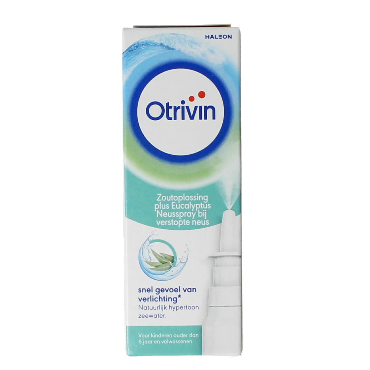 Otrivin Plus eucalyptus nasal spray bottle, 20ml, for nasal care and inhalation, with a white and blue packaging design.