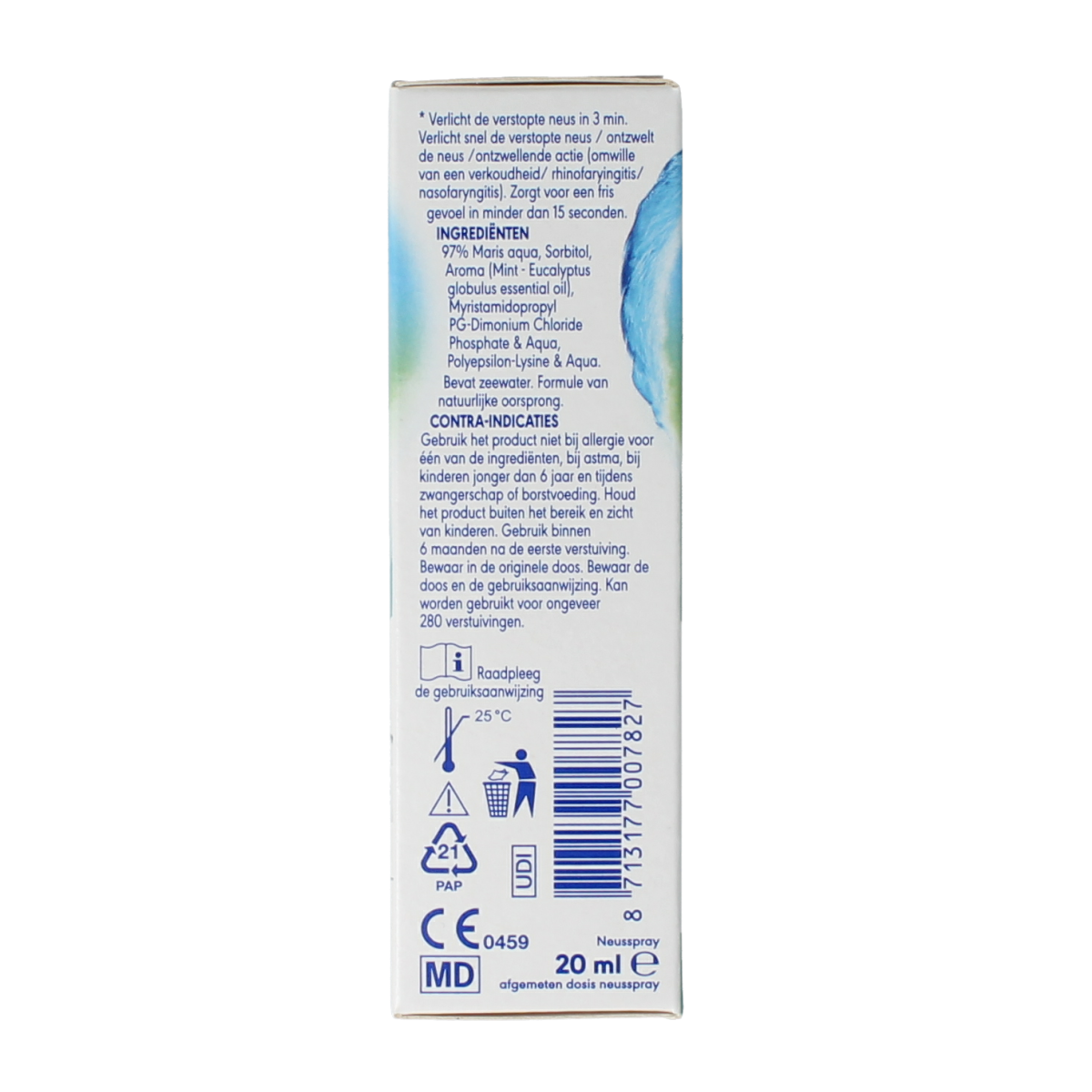 Otrivin Plus eucalyptus nasal spray bottle for nasal care and inhalation, 20ml, with eucalyptus flavor.