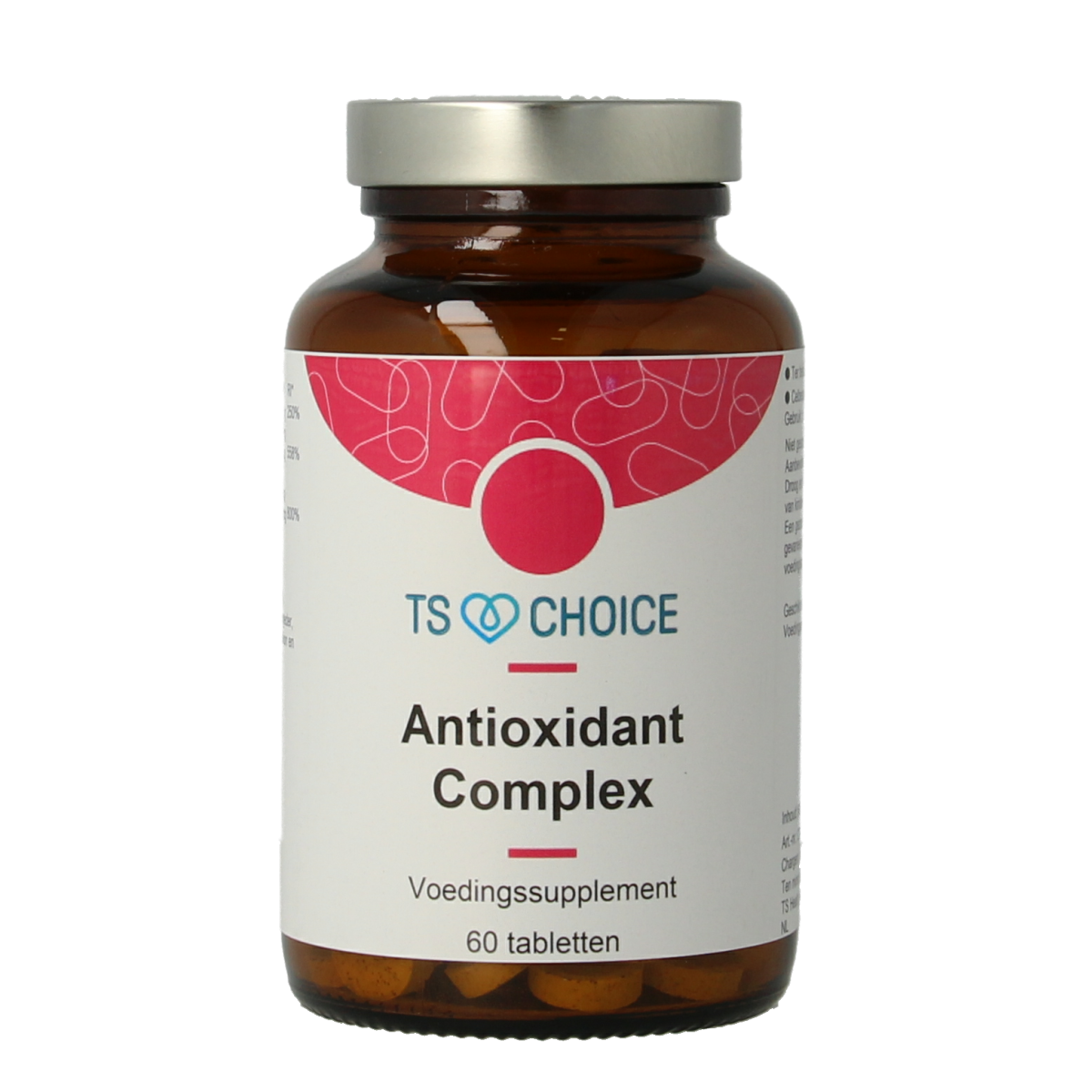 TS Choice antioxidant complex tablets, bottle of multivitamin supplement with 60 tablets in a clear container.
