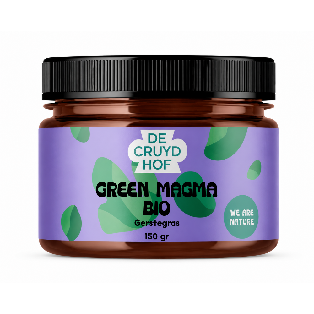 De Cruydhof Green Magma bio kruidenpreparaat in 150g package, showing the green powder in a clear container.