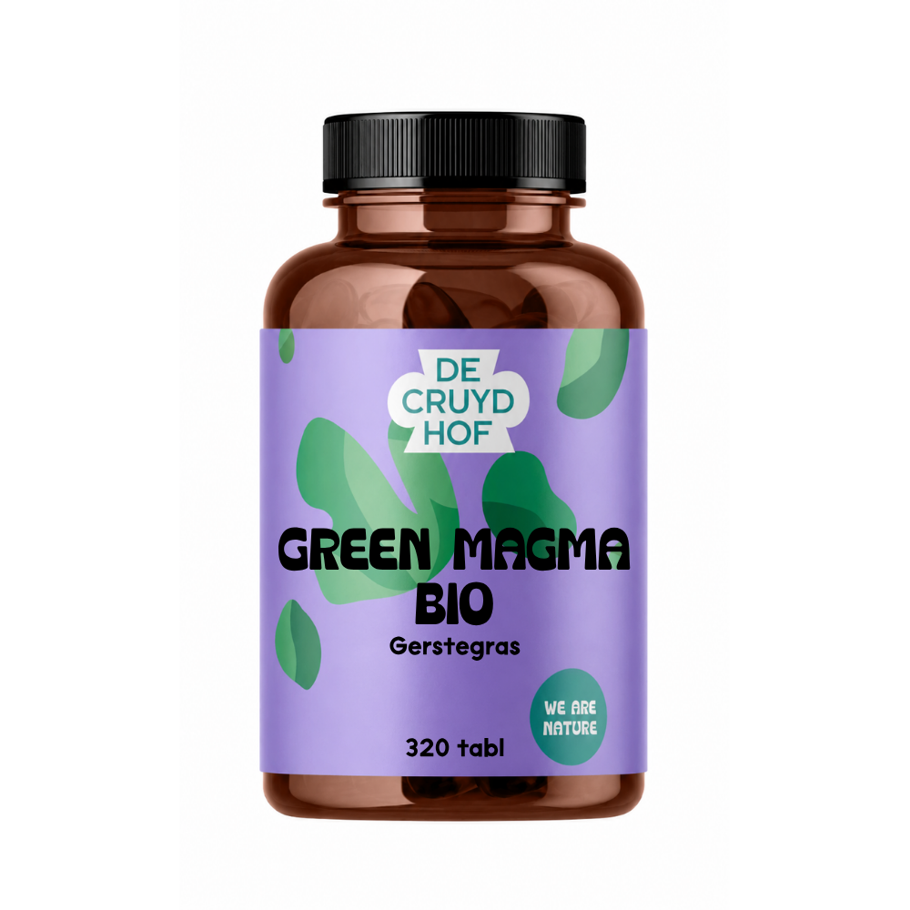 De Cruydhof Green Magma bio herbal supplement in tablet form, with green powder and tablets visible in the image.