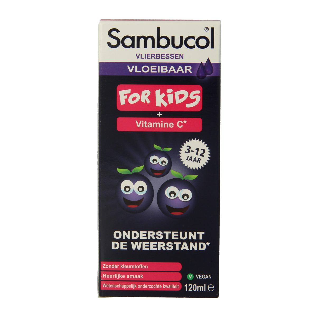 Sambucol kids elderberry syrup in a 120ml bottle, herbal supplement for children, with black elderberry extract.