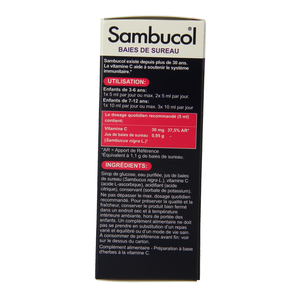 Sambucol Kids elderberry syrup in a 120ml bottle, natural herbal supplement for children, with elderberry extract.