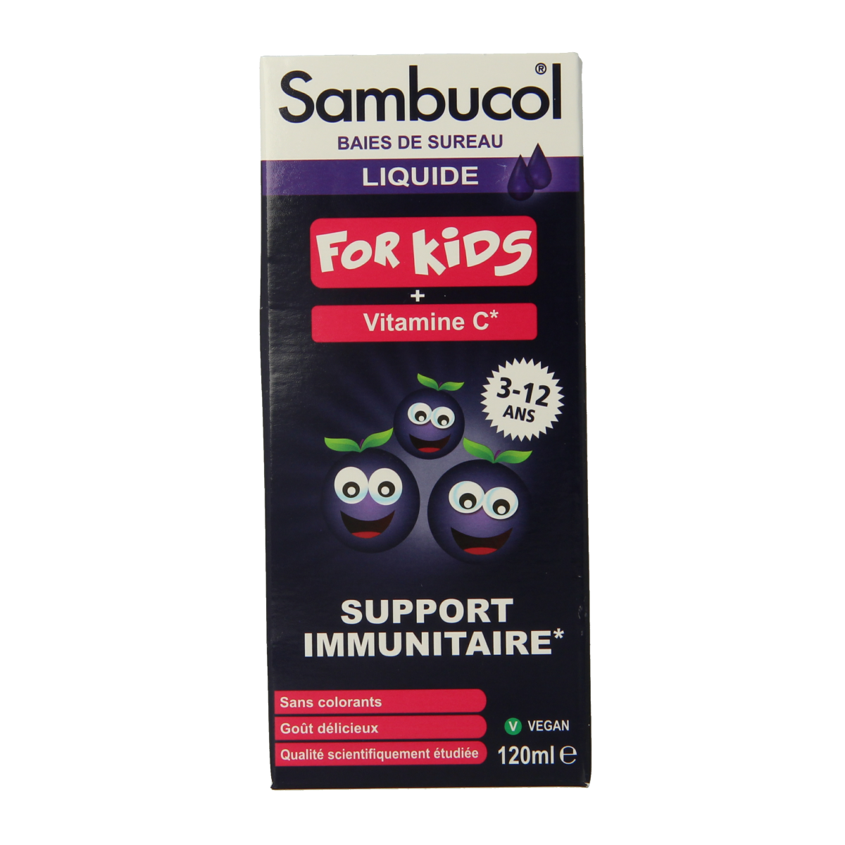 Sambucol kids elderberry syrup bottle with label, 120ml, herbal supplement for children, natural elderberry extract.