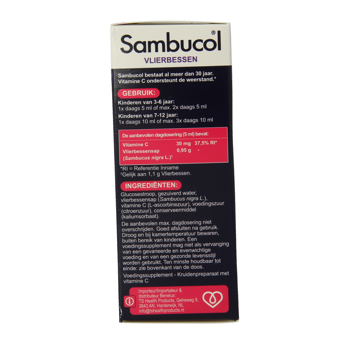 Sambucol Kruidenpreparaten Vlierbessensiroop for kids in 120ml bottle, featuring black elderberry syrup bottle with label and cap.