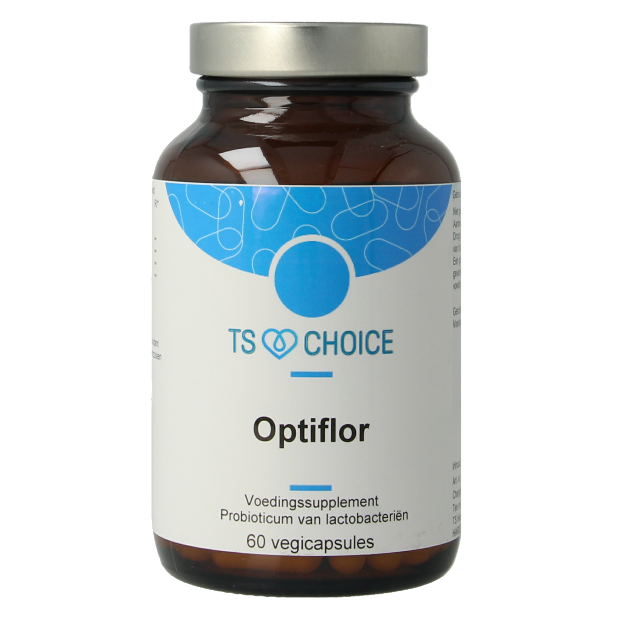 TS Choice Optiflor 60 vegetarian micro-organism capsules, showing the supplement bottle with capsules inside.
