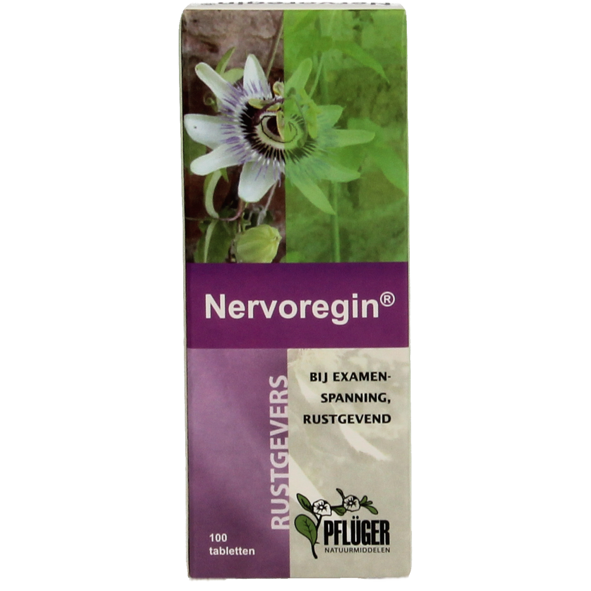 Pflüger Nervoregin 100mg herbal tablets in a white bottle with label showing product details and brand logo.
