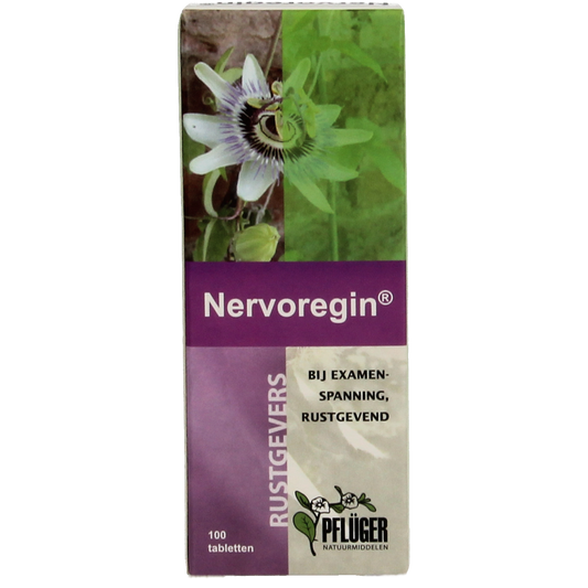 Pflüger Nervoregin 100mg herbal tablets in a white bottle with label showing product details and brand logo.