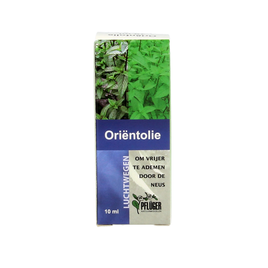 Pflüger Orient olie 10ml herbal preparation bottle, featuring a clear label and orange cap, on a white background.