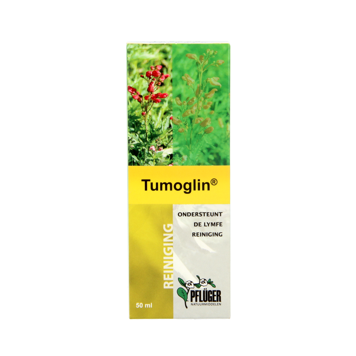 Pflüger Tumoglin herbal supplement bottle containing 50ml of kruidenpreparaten with a white label and blue cap.