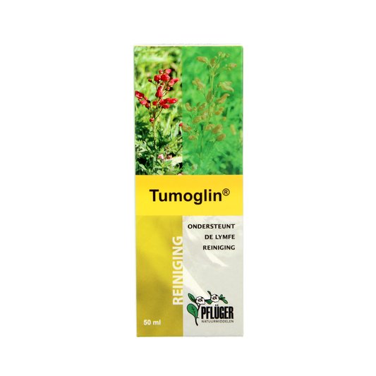 Pflüger Tumoglin herbal supplement bottle containing 50ml of kruidenpreparaten with a white label and blue cap.