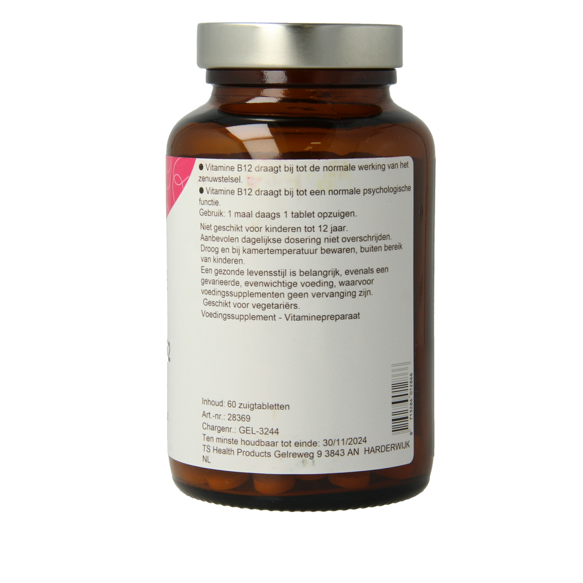 TS Choice Vitamin B12 lozenges in a container, showing 60 chewable tablets for vitamin B12 supplementation.