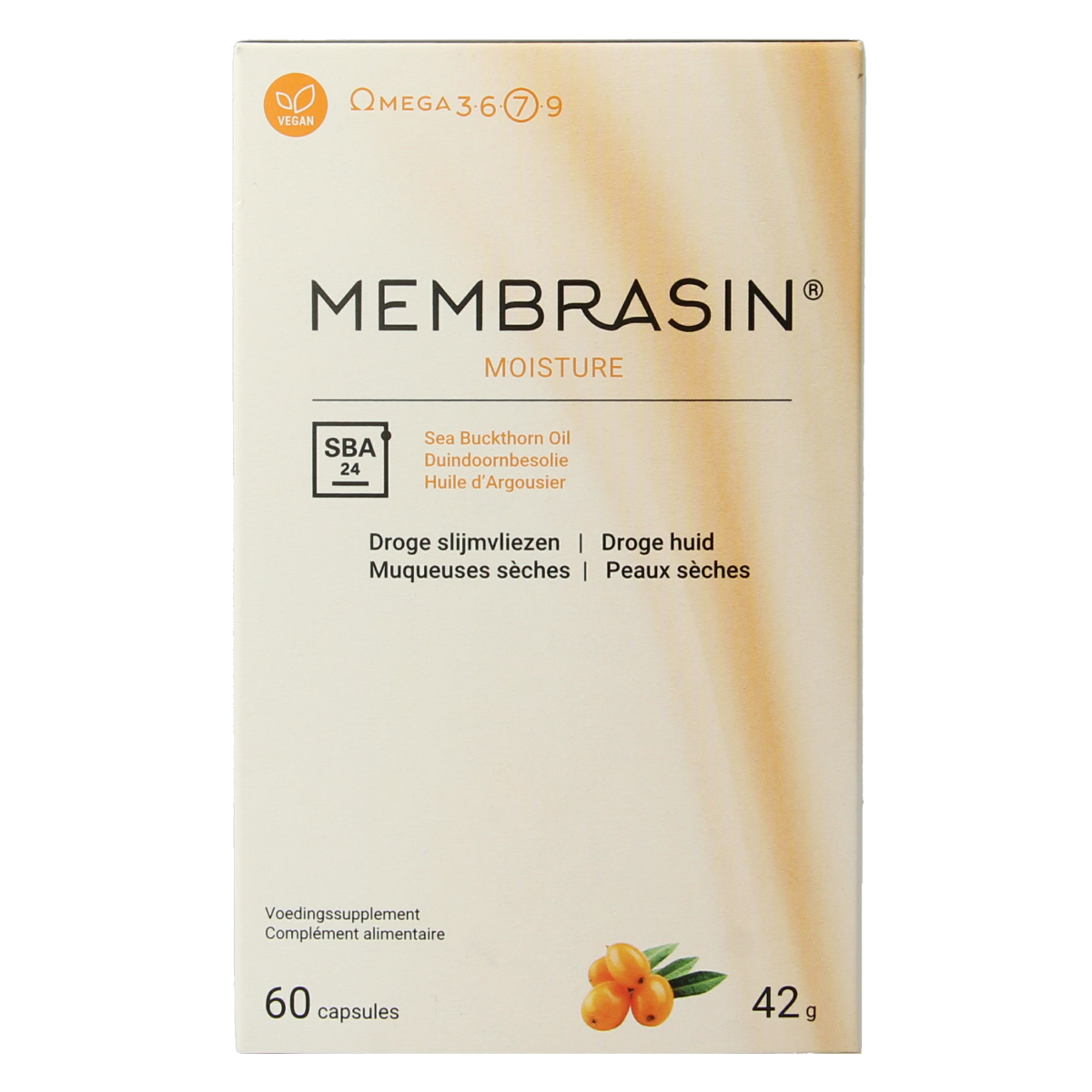 Membrasin Omega-7 capsules, Vetzuren supplement, 60 softgel capsules, natural omega-7 fatty acids for skin and health.