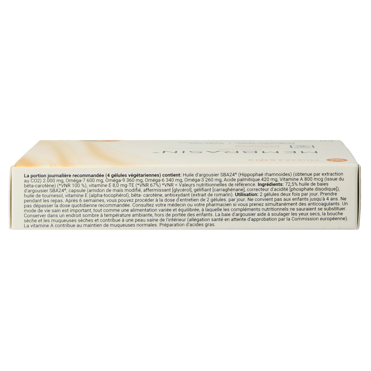 Membrasin Omega-7 capsules, Vetzuren supplement, 60 capsules, showing the product bottle and label details.