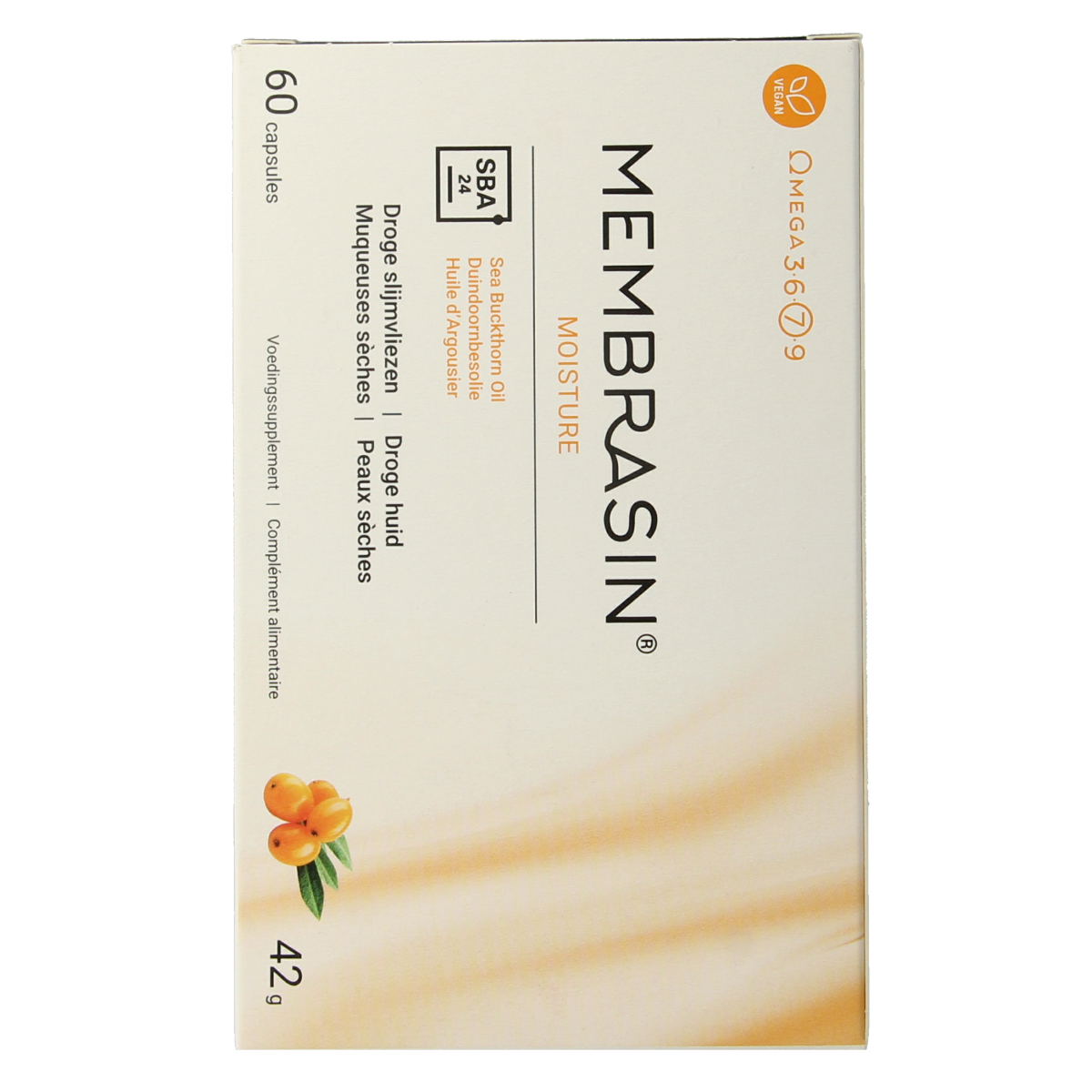 Membrasin Omega-7 capsules, 60-count, Vetzuren supplement in a clear bottle with white cap and label.