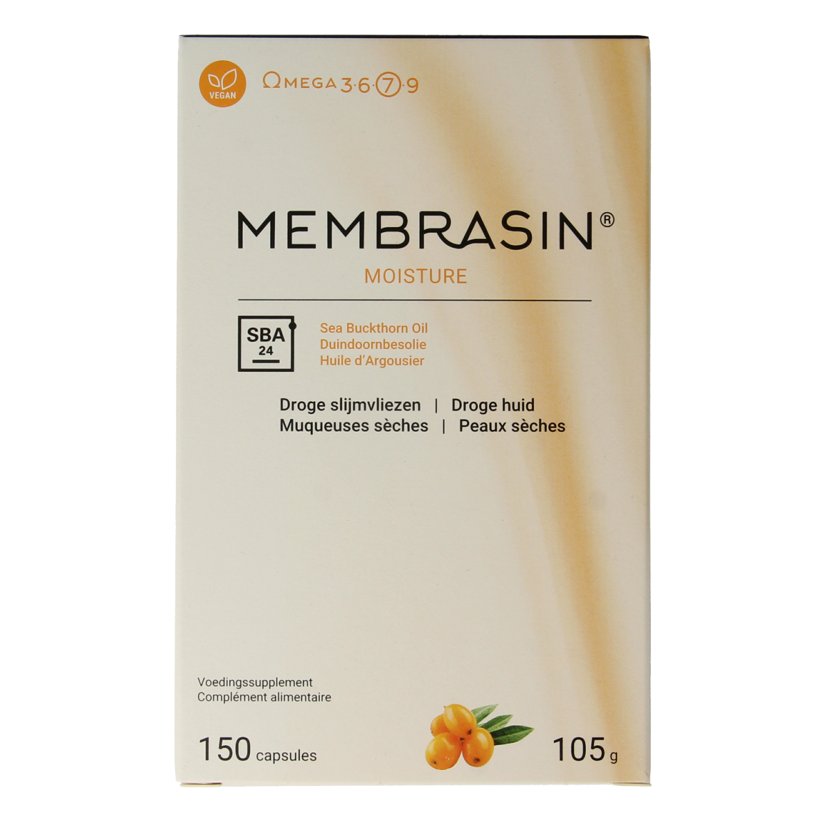 Membrasin Omega 7 capsules, dietary supplement with omega fatty acids, displayed in a clear bottle with capsules inside.