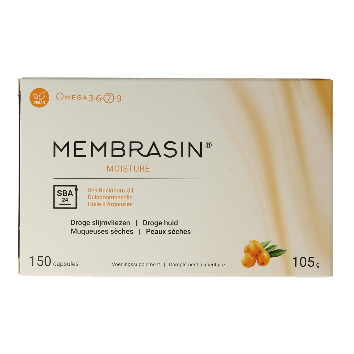 Membrasin Omega 7 capsules, dietary supplement with omega fatty acids, in a white bottle with label and capsules visible.
