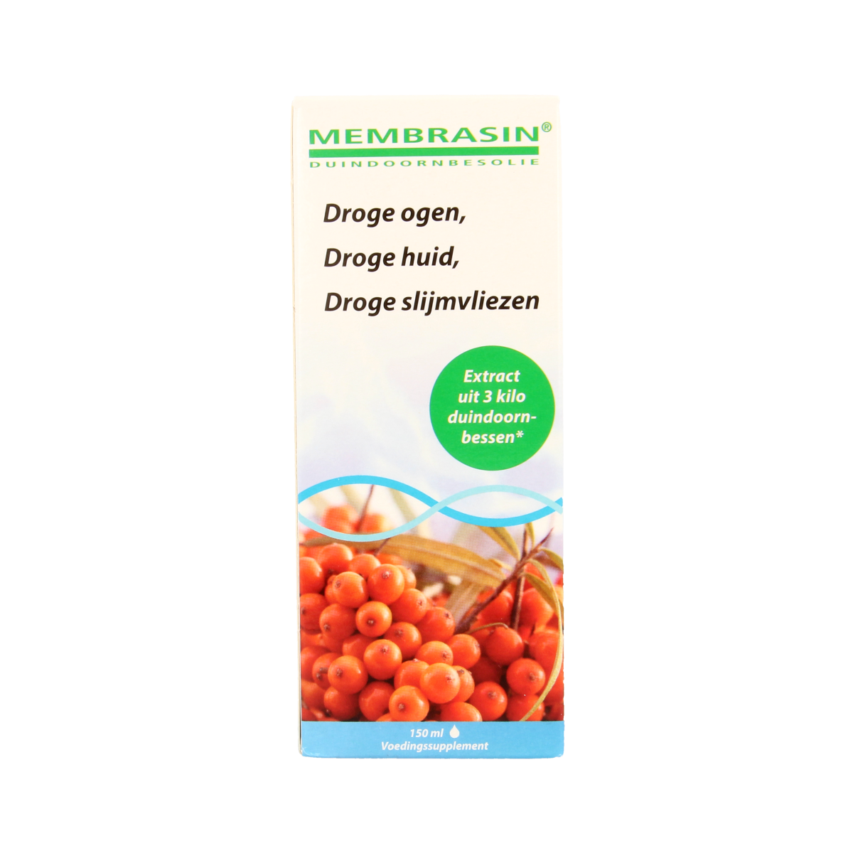 Membrasin Vloeibaar Vetzuren supplement bottle with label, 150ml liquid omega fatty acids, in a clear plastic container.