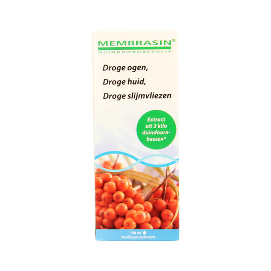 Membrasin Vloeibaar Vetzuren supplement bottle with label, 150ml liquid omega fatty acids, in a clear plastic container.