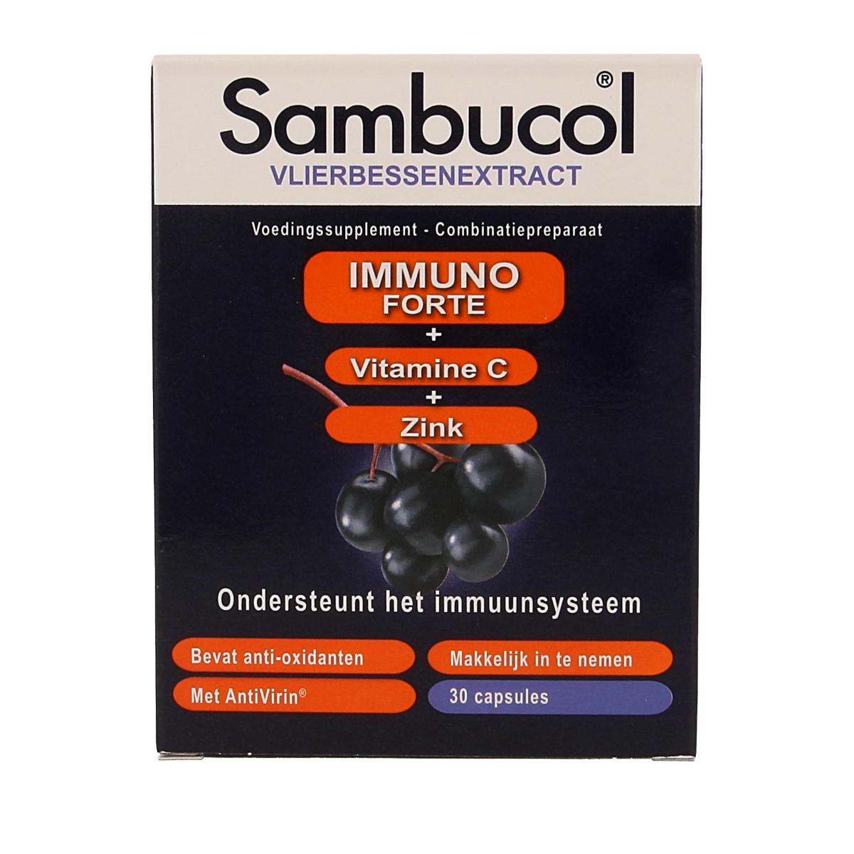 Sambucol Immuno Forte herbal supplement capsules in a white bottle with black cap, designed for immune support.