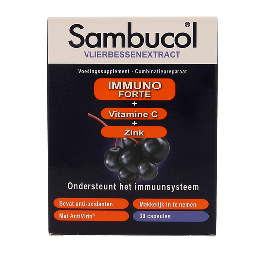 Sambucol Immuno Forte herbal supplement capsules in a white bottle with black cap, designed for immune support.