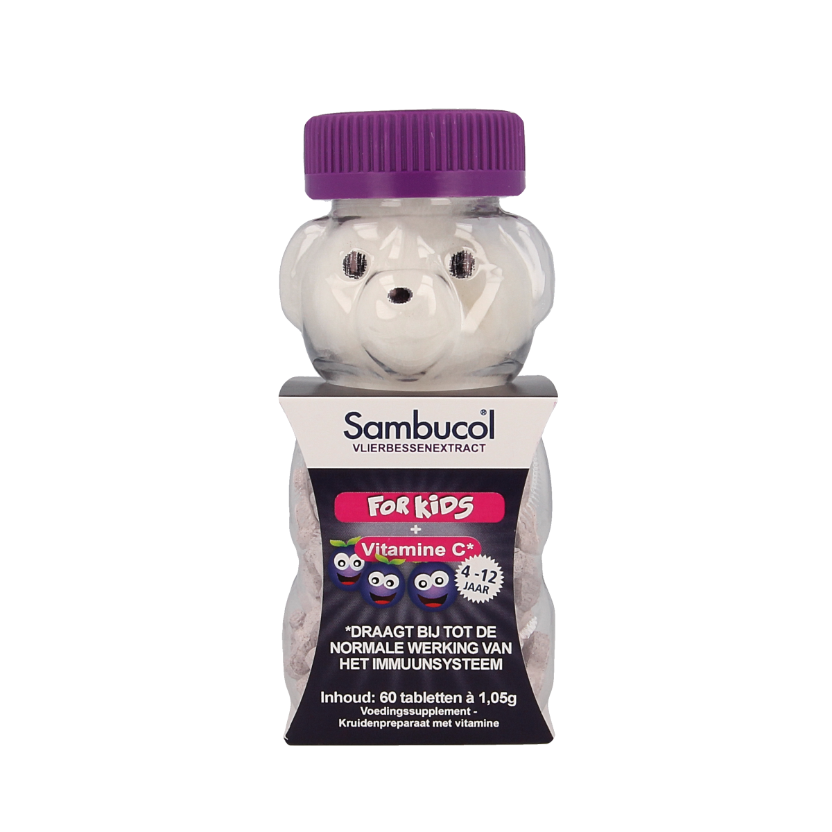 Sambucol Kids chewable tablets in a colorful blister pack, herbal supplement for children from the Sambucol brand.