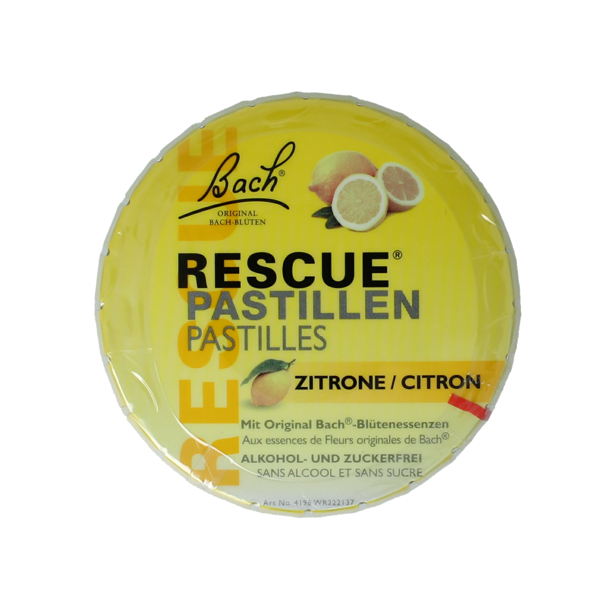 Bach Rescue Rescue pastilles citroen in 50g tin, herbal remedy for stress relief, with lemon flavor and herbal ingredients.