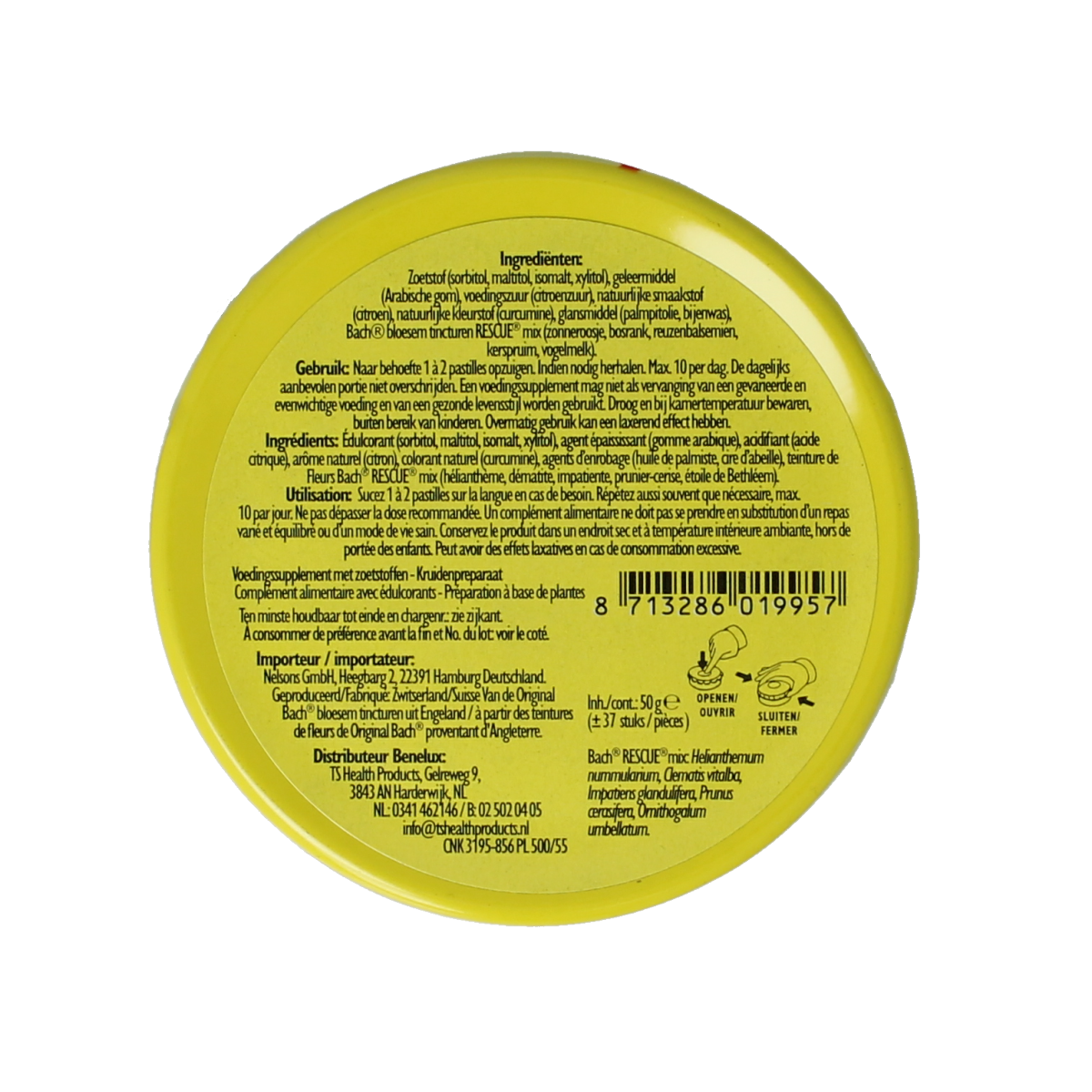 Bach Rescue Rescue pastilles citroen in 50g tin, herbal remedy by Bach Rescue, featuring lemon-flavored herbal pastilles.