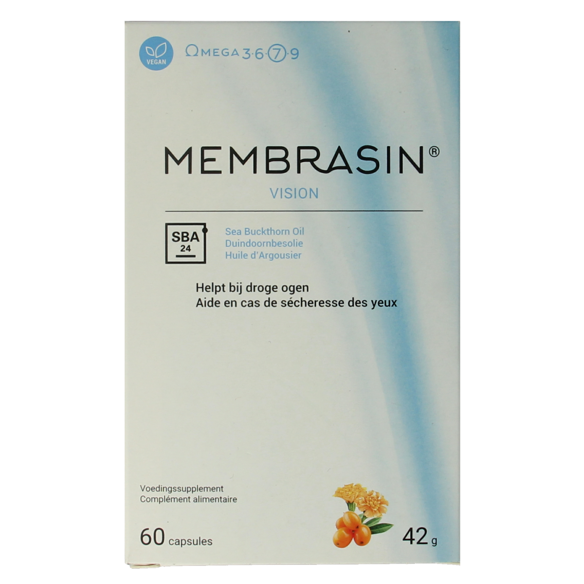 Membrasin Eye Care vegetarian capsules with omega fatty acids, designed to support eye health in a natural, dietary supplement form