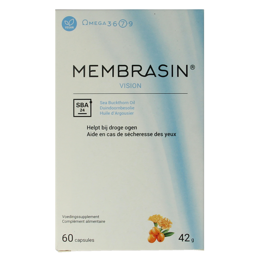 Membrasin Eye Care vegetarian capsules with omega fatty acids, designed to support eye health in a natural, dietary supplement form