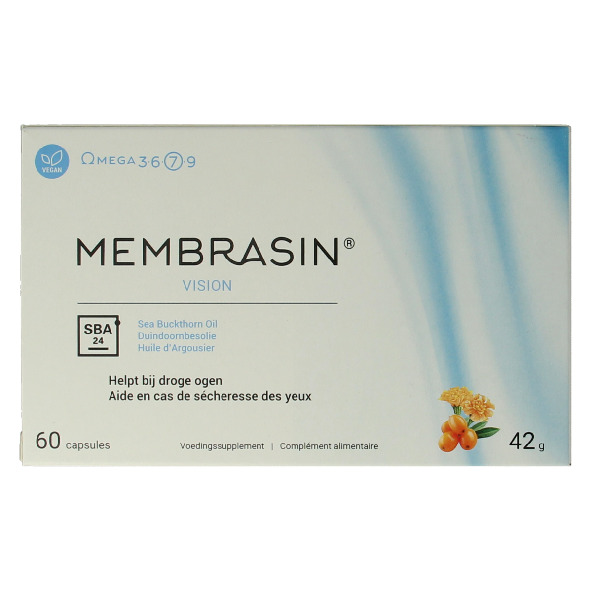 Membrasin Eye Care vegetarian capsules with omega fatty acids, 60 count, designed for eye health and nutritional support.