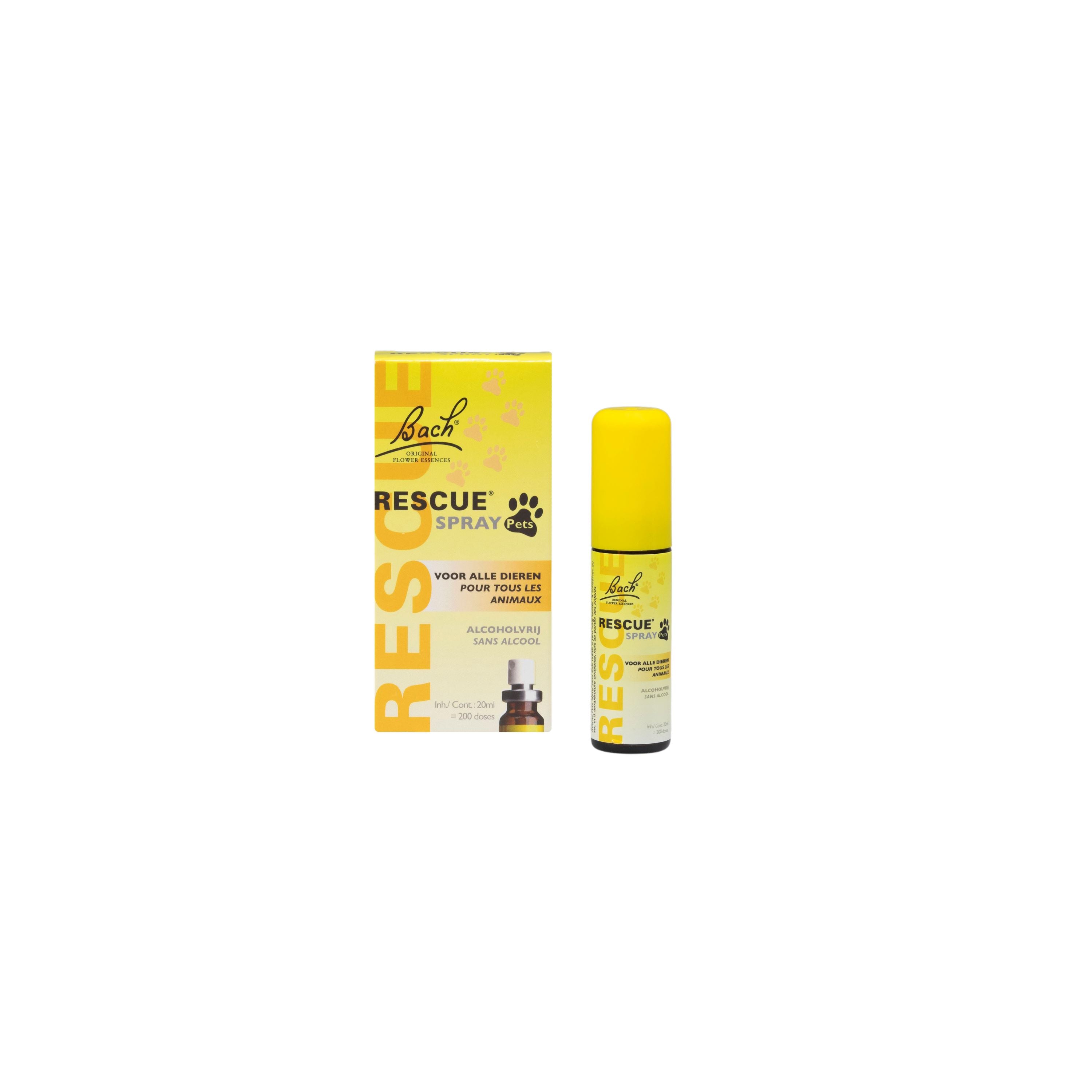 Bach Rescue Pets spray 20ml, calming pet supplement with natural rescue remedy for pets, in a small spray bottle.