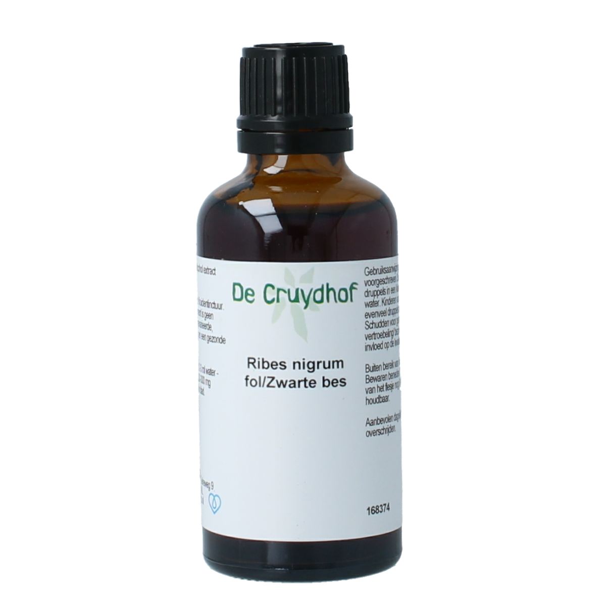 Cruydhof Ribus nigrum and black currant herbal preparation in a 50ml bottle, featuring dark liquid and herbal ingredients.