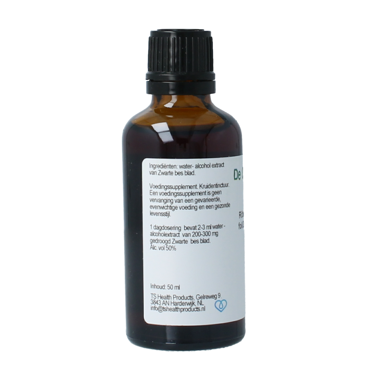 Cruydhof Ribus Nigrum & Zwarte Bes herbal supplement in a 50ml bottle, featuring dark berries and herbal extracts.