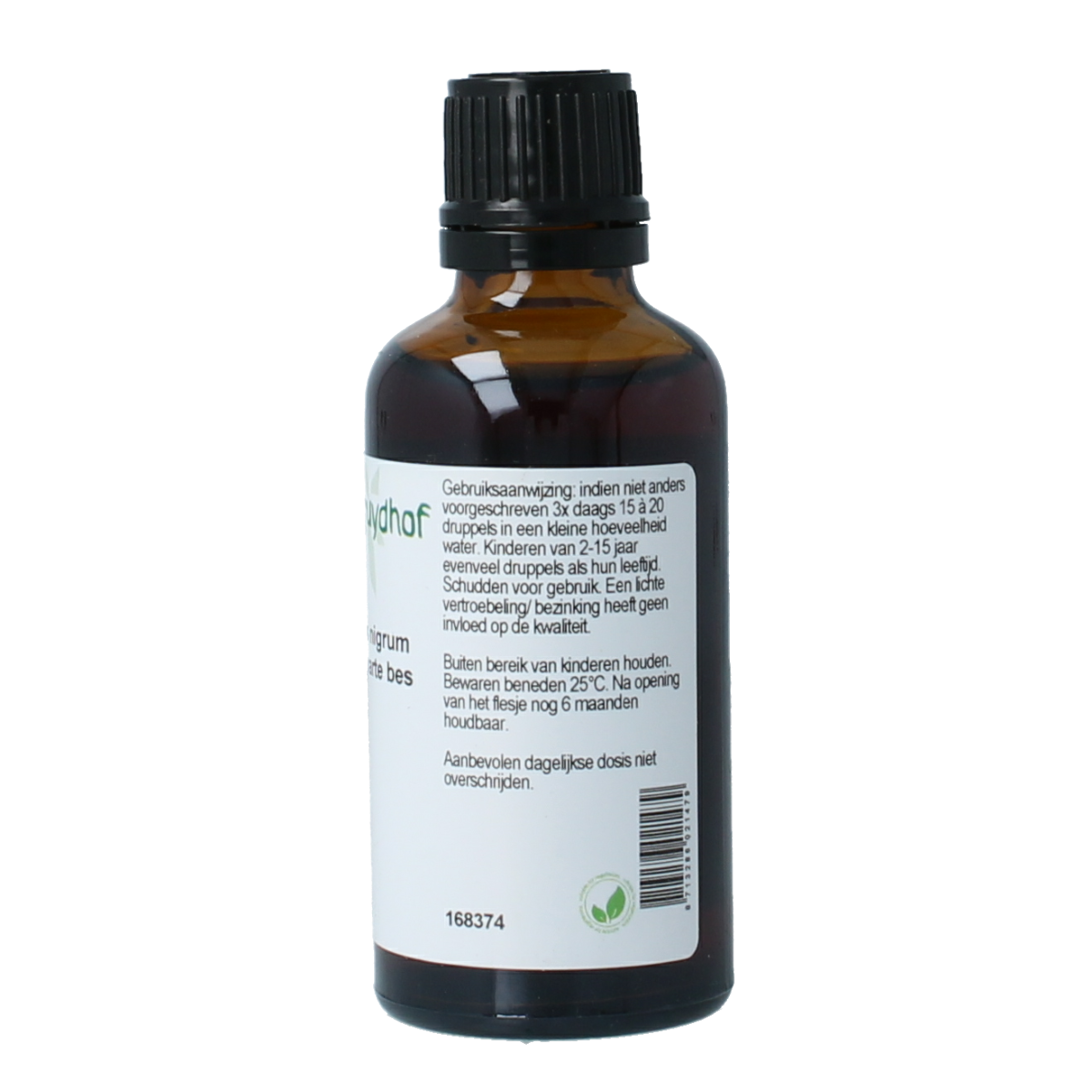 Cruydhof Ribus nigrum and zwarte bes herbal supplement in a 50ml bottle, featuring black elderberries and herbs for wellness.