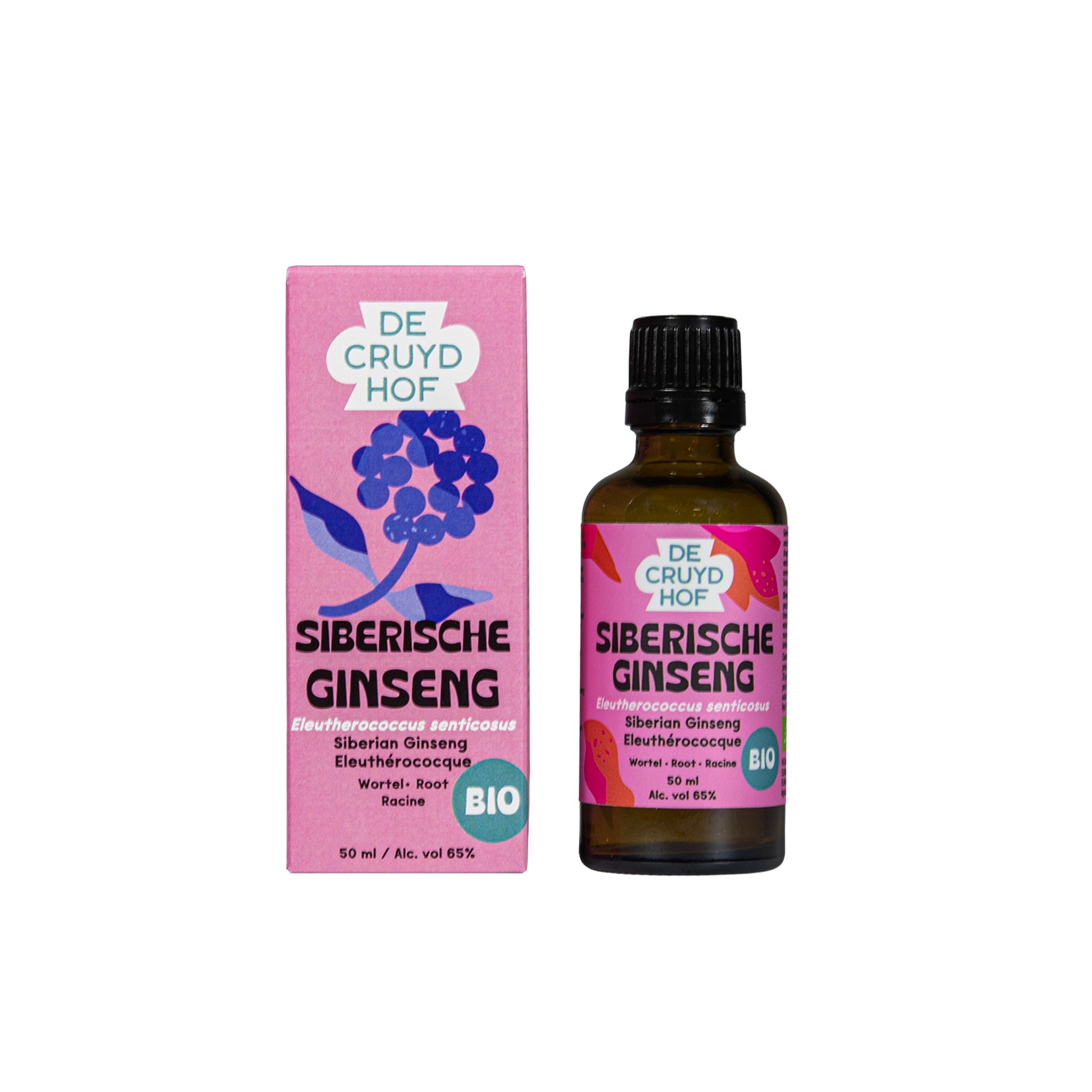 Cruydhof bio Eleutherococcus senticosus Siberian ginseng herbal preparation in 50ml bottle, natural supplement for wellness.