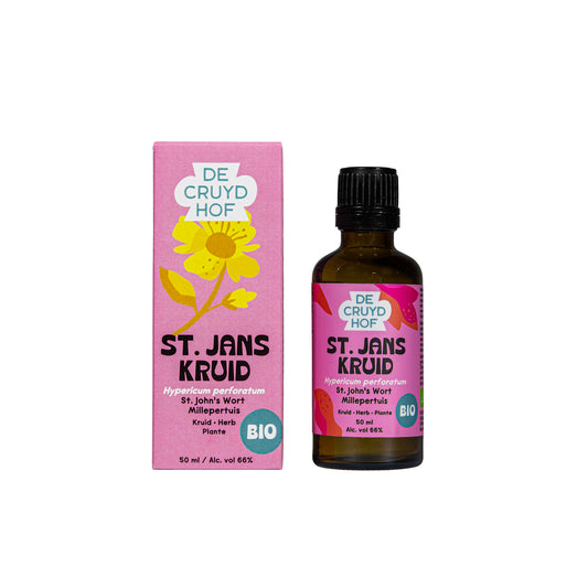 Cruydhof Hypericum perforatum bio herbal extract in a 50ml bottle, featuring fresh St. John's Wort flowers and leaves for herbal remedies.