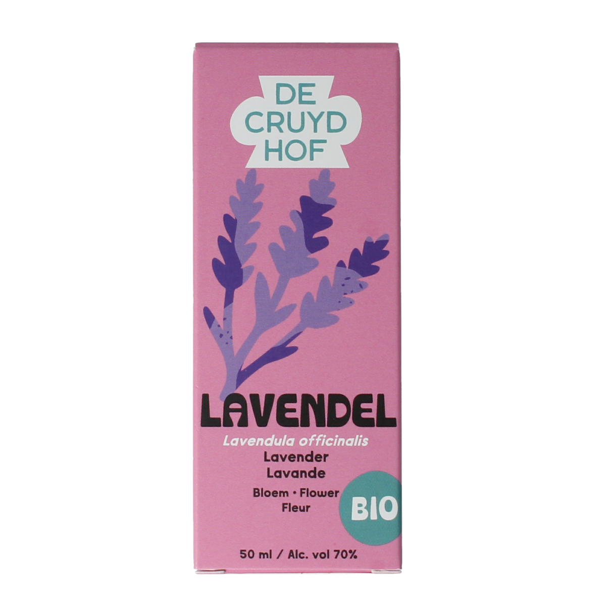 Cruydhof organic lavender essential oil in a 50ml bottle, showcasing a clear glass container with a lavender-colored label.