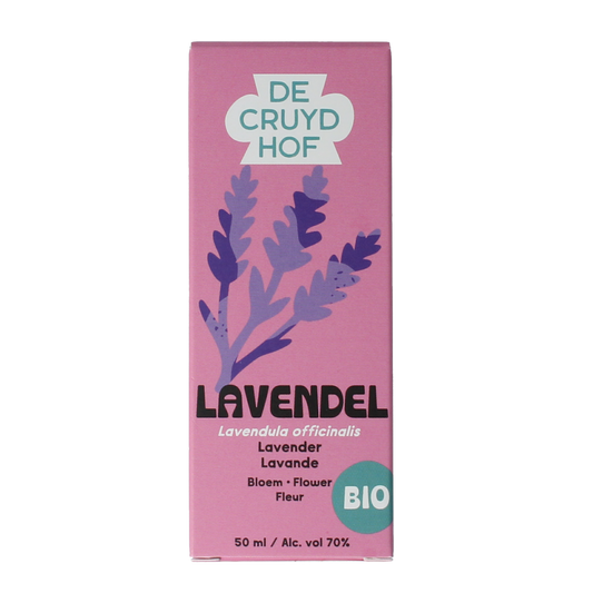 Cruydhof organic lavender essential oil in a 50ml bottle, showcasing a clear glass container with a lavender-colored label.