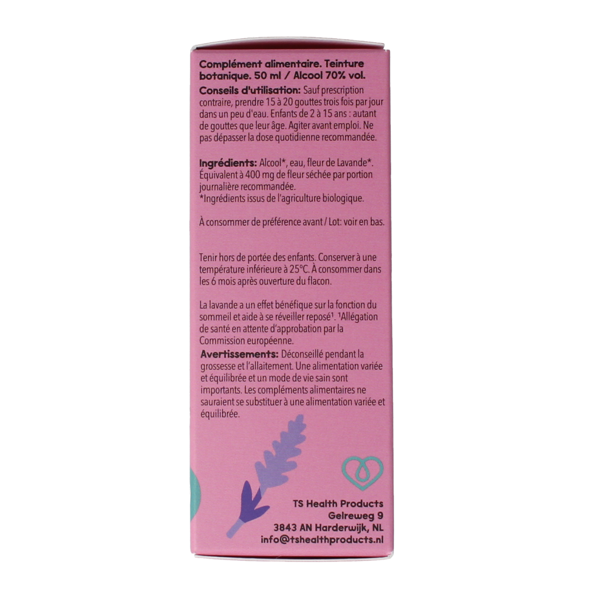 Cruydhof Lavender essential oil bottle labeled Lavendula officinalis, organic, 50ml, with lavender flowers and oil in the image.