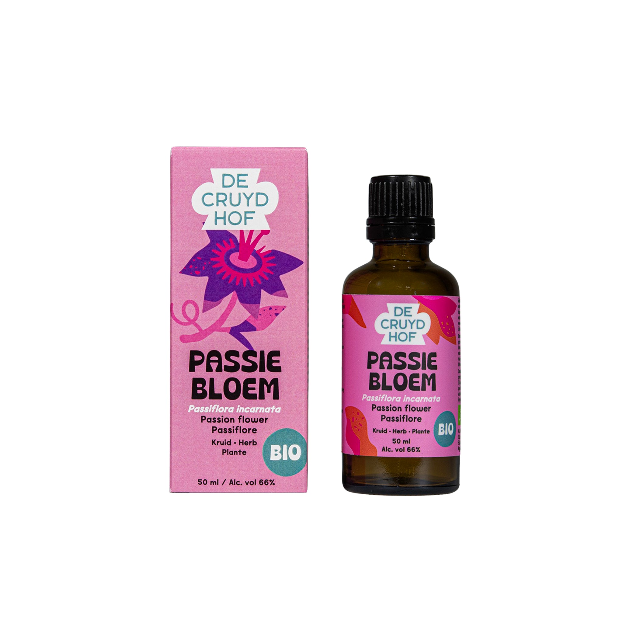 Cruydhof Passiflora incarnata herbal tincture in a 50ml bottle, featuring fresh herbal ingredients for natural relaxation and herbal preparation.